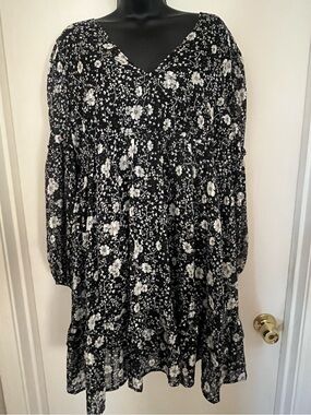 And Now This Black and Cream Floral Women's Dress - V-Neck Long Sleeve